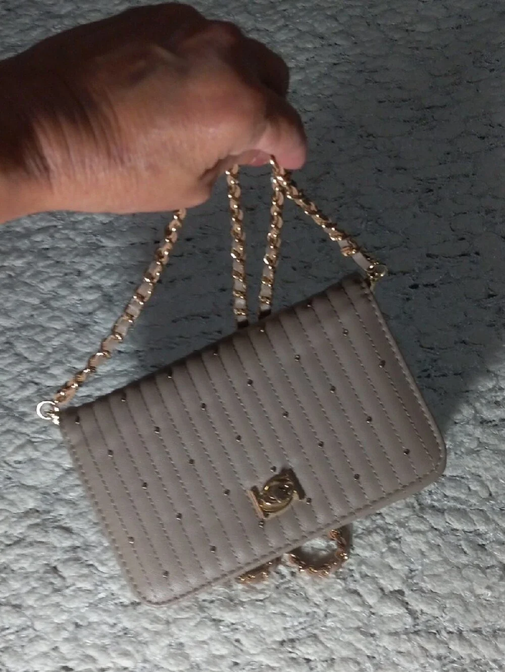 Bebe Quilted Taupe Crossbody with Gold Chain